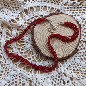 Red Braided Seed Beaded Necklace With Silver Clasp- Adjustable